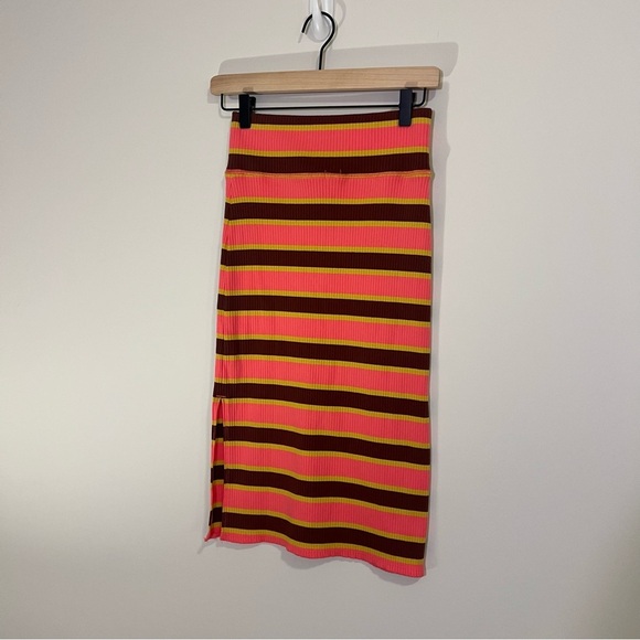 Aerie Striped Midi Pencil Skirt Ribbed Pink Side Slit Summer Funky Retro, XS - Picture 2 of 7